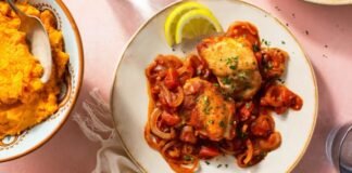 Moroccan Chicken Over Mashed Sweet Potatoes Recipe Chicken Sweet Potato Mash