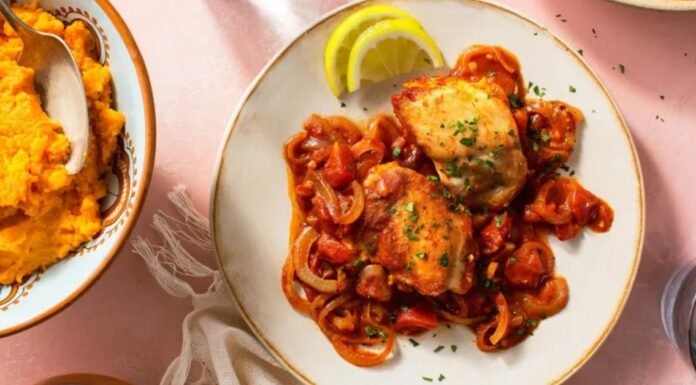 Moroccan Chicken Over Mashed Sweet Potatoes Recipe Chicken Sweet Potato Mash